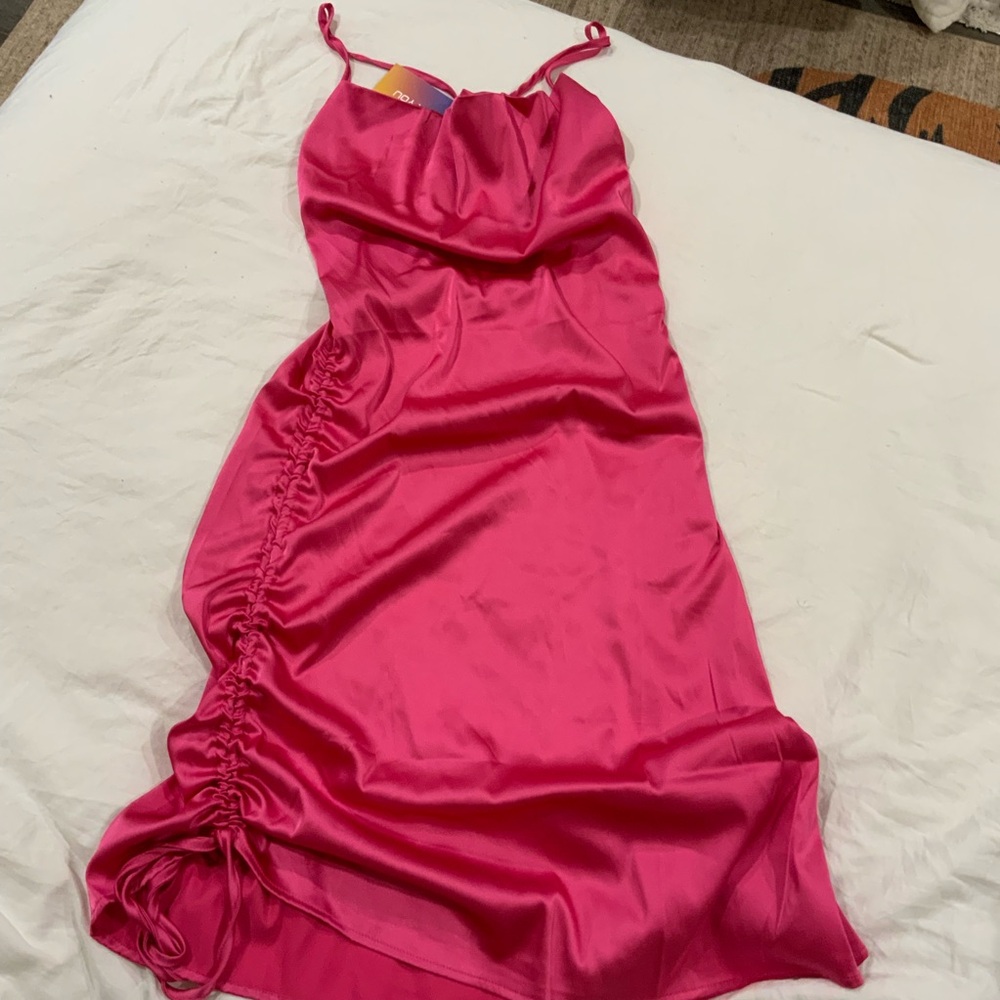Brand new silk hot pink crisscross back dress